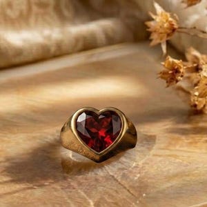 Op de afbeelding: Een goudkleurige ring met een opvallende, hartvormige, donkerrode edelsteen in het midden. De tekst Shubh Krishna jewels is zichtbaar in de boven- en onderkant van de afbeelding. De ring heeft een gladde, gepolijste metalen band.