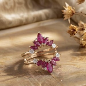 Marquise Ruby Ring Enhancer Rose Gold Wedding Band Curved Tiara Ring Jacket Vintage Crown Stacker Ring Unique Anniversary Gift For Her