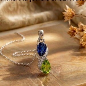 Blauer Saphir und Peridot Anhänger Sterling Silber Infinity Drop Anhänger, zwei Stein Birthstone Schmuck Geschenk für Sie