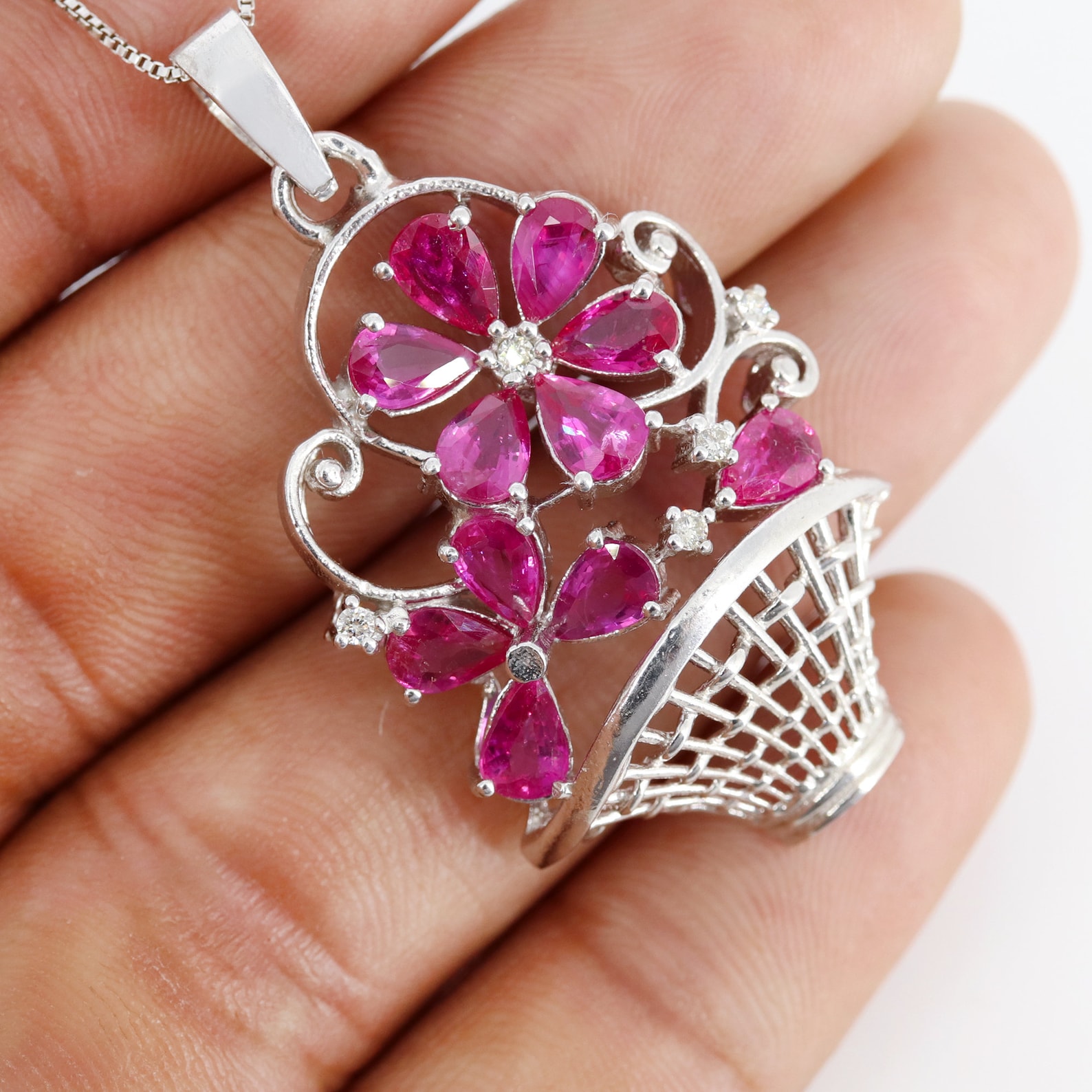 Flower Basket Pendant, 925 Sterling Silver Pendant, Floral Basket Charm