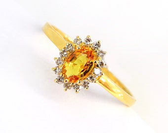 Anello di fidanzamento con diamanti a grappolo in oro bianco/giallo massiccio 14k, anello con zaffiro giallo taglio ovale naturale, anello nuziale con diamanti giallo canarino