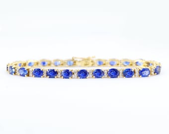 14K Solid Yellow Gold Bracelet, Blue Sapphire & Diamond Bracelet, Gold Bracelet, Tennis Bracelet, Diamond Jewellery, Elegant Bracelet Gift