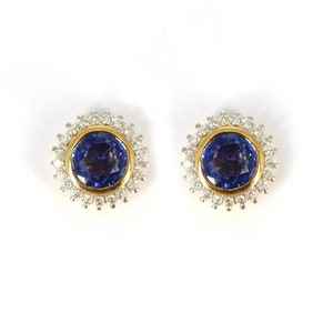 Cluster Diamond Earrings, 14K Solid Yellow Gold Studded with Blue Sapphire Earrings, Birthday Gift, Halo Diamond Earring, Sapphire Studs