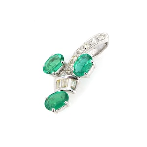 White Gold Pendant, Natural Green Emerald Diamond Pendant in 18k Solid White Gold, Baguette Tapered cut Diamond
