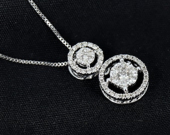 18KT White Gold Natural Diamonds Round Halo Pendant Necklace, Double Halo Gold Diamond Pendant, Double Drop Halo Pendant