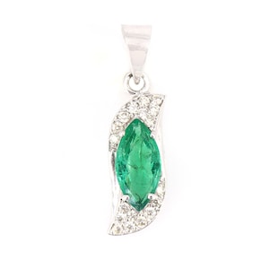 Marquise cut Natural Green Emerald Pendant in 18k Solid White Gold, Emerald Diamond White Gold Pendant
