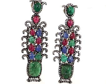 Exclusively Designed  vintage replica Victorian Earrings studded with Natural ruby, emerald, sapphires and Diamonds set in silver and gold.