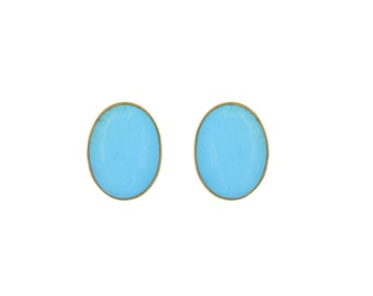 14k Yellow Gold Cabochon Oval Shape Turquoise Bezel Set Stud Post Solitaire Fine Gemstone Earrings, Mothers Day Gift