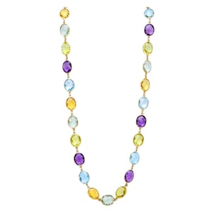 18k Solid Gold Chain Necklace in checker cut Briolettes Multi gemstone - Amethyst Citrine Blue Topaz Gold Necklace For Women
