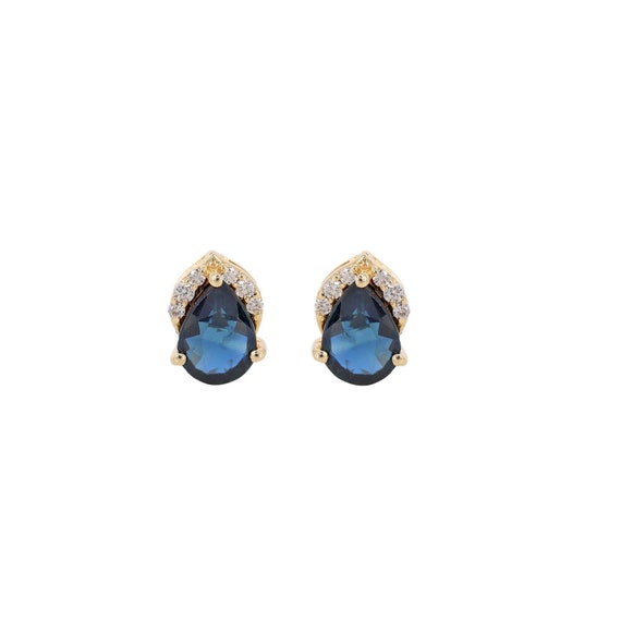 14k Gold Diamond and Sapphire Earrings, Pear Cut Natural Blue
