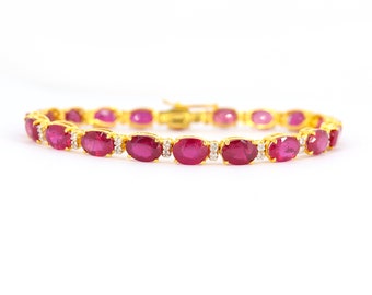 Ruby Bracelet, 14K Solid Yellow Gold Bracelet, Diamond Bracelet, July Birthstone, Yellow Gold Bracelet, Oval Shape, Valentine Gift For Her