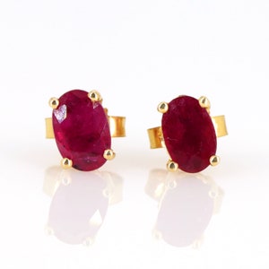 Simple Ruby Stud Earrings, 14k Solid Yellow Gold Dainty Ruby Studs, Genuine Ruby Earrings, Tiny Ruby 6.5x4mm Size Studs, July Birthstone