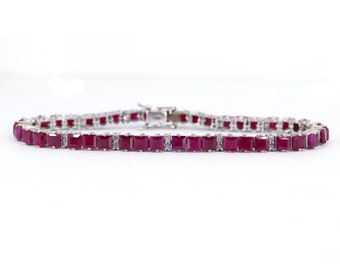 Ruby Diamond Bracelet, 925 Sterling Silver Bracelet, Ruby Gemstone Bracelet, July Birthstone Bracelet, Princes cut Ruby Stone, Birthday Gift