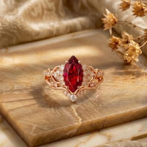 Vintage Marquise Red Ruby Engagement Ring, 14K Rose Gold Filigree Tiara Crown Ring, Diamond Halo Bridal Stacking Band, July Birthstone Gift