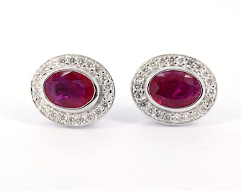 Halo Diamond Earrings, 14K Solid White Gold Earrings, Natural Ruby & Diamond Earrings For Her, Oval Cut Gemstone Jewellery, Red Ruby Studs