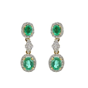 18K Solid Yellow Gold Oval Cut Natural Emerald and Diamond Earrings, Emerald Earrings, May Birthstone, Real Gold Earrings For her