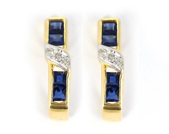 14K Solid Yellow Gold Studded with Blue Sapphire Studs, Princess Cut and Round Diamond Earrings, Gift For Her, Gold Earring, Dainty Studs