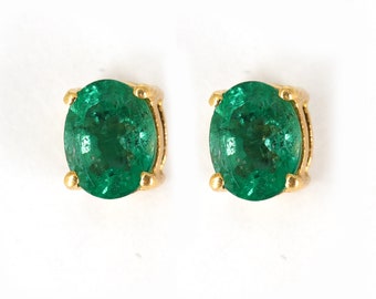 18K Solid Gold Emerald Studs, Daily Wear Push Back Gold Studs For Her, Emerald Earrings Gift For Mom, Green Gemstone Tiny Stud Earrings