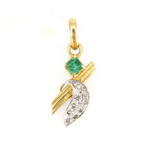 Unique Design Pendant in 18k Solid Yellow Gold Emerald Pendant / Princess cut Emerald and Round cut Diamond Pendant in yellow Gold
