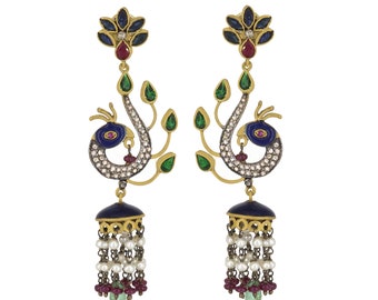 Natural Emerald, Chrome Diopside, Sapphire, Ruby, Pearl, Diamond Jewellery, Kundan and Enamel Style, Indian Jewellery, Traditional Earrings