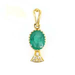 18K Yellow Gold Emerald Stone with Diamond Pendant, Oval cut prong Setting Pendant, Birthstone Pendant, Dainty Pendant