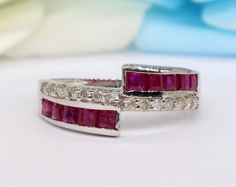 Natuurlijke robijn en natuurlijke diamanten ring, 925 zilver 8,5 Us ring, witte rhodium vergulde ring, cadeau voor alle gelegenheden