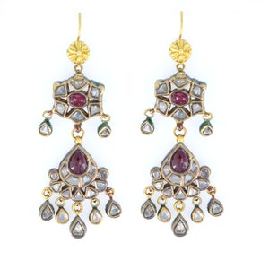 Antique 1900s Late Victorian 22k Gold Earrings, Enamel Droplet Earring, Old Style Mughal Jewellery, Ruby & Diamond Gemstone Indian Jewellery