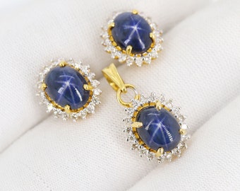 Natural Blue Star Sapphire Jewelry Set For Women, Star Sapphire & Diamond Pendant Earrings, 14k Solid Yellow Gold Cluster Diamond Jewelry
