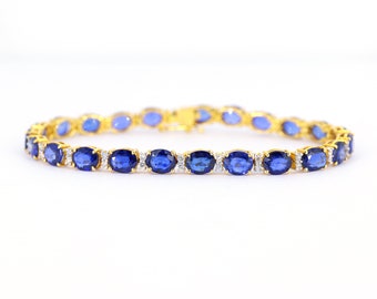 14K Solid Yellow Gold Bracelet, Oval Cut Blue Sapphire & Diamond Bracelet, Gold Bracelet, Tennis Bracelet, Diamond Jewellery, Gift Ideas