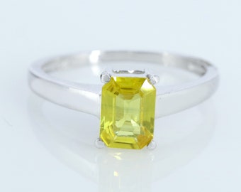 Natural Yellow Sapphire Ring, Emerald Cut Gemstone, Genuine Yellow Sapphire, 925 Sterling Silver Ring, Minimalist Birthday Gift For Wife