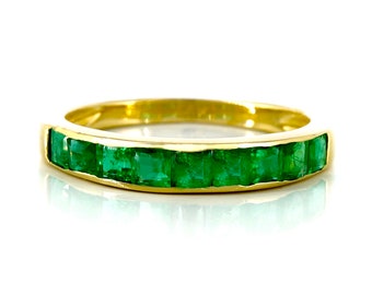 14k yellow gold beautiful ring set with natural emerald, eternity band, engagement band, wedding band, anniversary band, emerald band