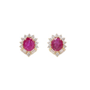 Ruby Studs in 14k Yellow Gold, Oval cut Ruby And Diamond Earring, Cocktail Earring, Round Baguette cut Diamond Earring, Gold Earring,