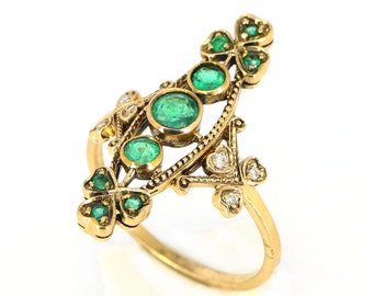 Fine Emerald Vintage Ring, 9k Gold Antique Diamond Ring, Art Deco Ring, Beautiful Emerald Ring, Edwardian Emerald Gold Ring