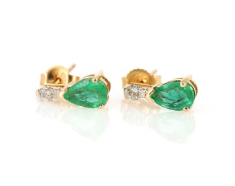 14K Solid Yellow Gold Earrings, Natural Pear Cut Emerald & Round Cut Diamond Earrings, Tiny Studs, Daily Wear Gold Earrings For Her