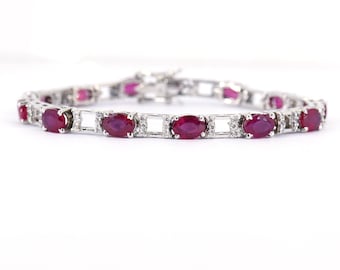 Ruby Cubic Zircon Bracelet, 925 Sterling Silver Bracelet, Ruby Gemstone Bracelet, July Birthstone, Oval cut Ruby Stone, Tenis Bracelet