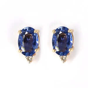 14K Solid Yellow Gold Studded with Blue Sapphire Studs, Natural Sapphire And Diamond Earrings, Gift For Her, Diamond Earring, Dainty Studs