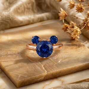 Mickey Mouse Sapphire Ring Rose Gold, Blue Sapphire Engagement Ring, Cute Gemstone Ring for Women, Disney Inspired Jewelry Gift image 6