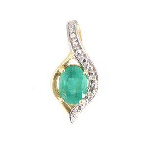 Luxury Solid 14K Yellow Gold Emerald Diamond Pendant, Oval Cut Emerald, Round cut Diamond Pendant in Solid Gold