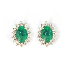 Cluster Diamond Earrings, 18K Solid White Gold Studded with Emerald and Diamond Earrings, Birthday Gift For Her, Diamond Earring, Oval Cut
