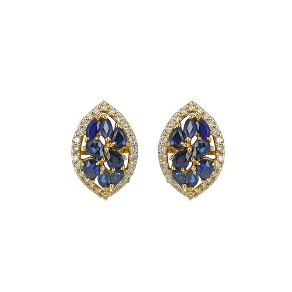 Elegant 14K Solid Yellow Gold with Blue Sapphire Natural Diamond Earrings,  Pear Marquise cut stone Unique Design Dainty Studs