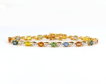 14K Solid Yellow Gold Bracelet, Multi Sapphire Bracelet, September Birthstone Bracelet, Elegant Yellow Gold Bracelet, Diamond Bracelet