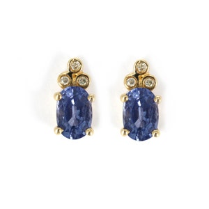 14K Solid Yellow Gold Studded with Blue Sapphire Studs, Natural Sapphire And Diamond Earrings, Gift For Her, Diamond Earring, Dainty Studs
