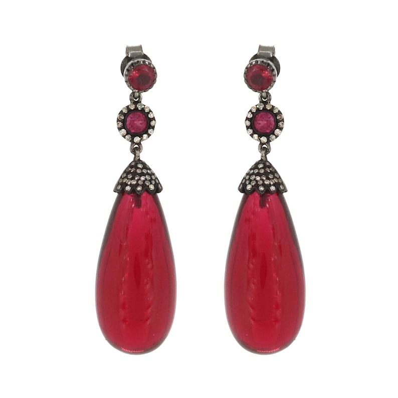Red Glass Teardrop Earrings, Round Cut Tourmaline Gemstone, Tran Red Glass Teardrop Earrings, Round Cut Tourmaline Gemstone, Tran