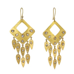 18K Solid Yellow Gold Earrings, White diamonds Earrings, 18k Gold White Diamonds Long Earrings, Diamond Earrings, Long Dangling Earrings