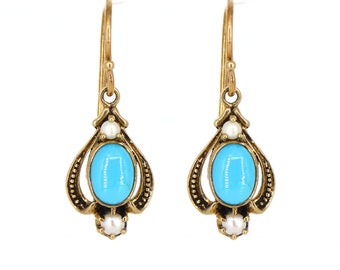 Antique Turquoise Pearl Yellow Gold Earrings in 9k Solid Gold, Turquoise & Pearl Earrings for her, Mid Century Gold Earrings