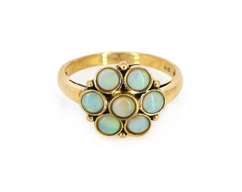 Vintage Style Opal Ring - Antique 9k Yellow Gold Floral Ring - Early 1900s Genuine Gemstone Fine Edwardian Bezel Jewelry, Multi Fire Opal