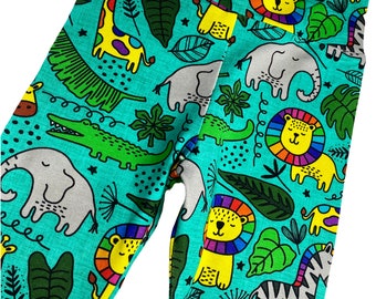 jungle zoo animal leggings, kids summer leggings, unisex bright leggings, boys colourful leggings, girls colourful leggings, jungle leggings