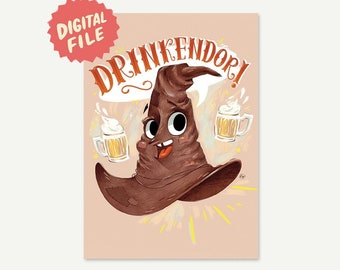 Drinkendor Card | Digital file A6 | Witch Hat with Beer Art | Magic School of Witchcraft Illustration | Funny Humorous Greeting Postcard