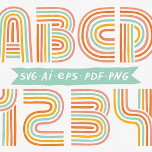 Retro Rainbow Typeface Clipart | png svg AI PDF EPS 70s Hippie Alphabet | Wektorowe litery i cyfry | Typ czcionki Elementy cyfrowego projektu
