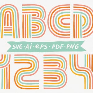 Retro Rainbow Typeface Clipart | png svg AI PDF EPS 70s Hippie Alphabet | Vector Letters and Numbers | Font Type Digital Design Elements